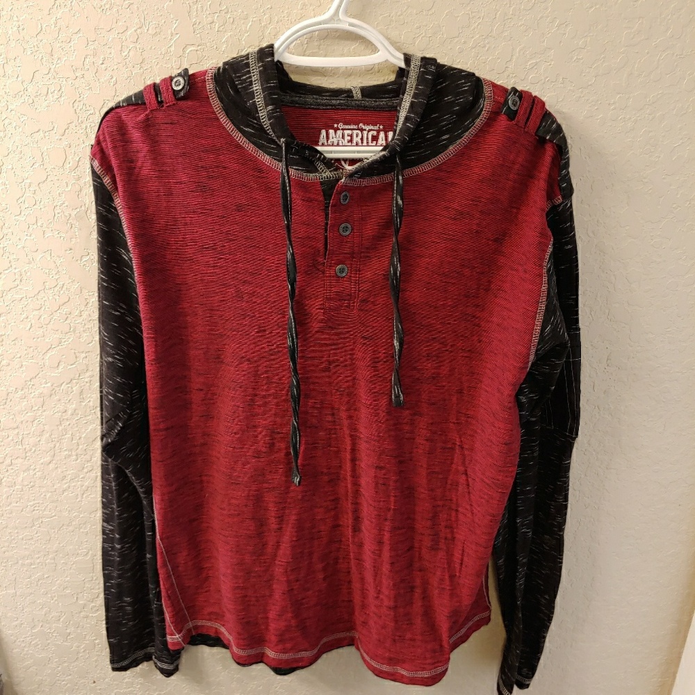 Red and black hoodie.